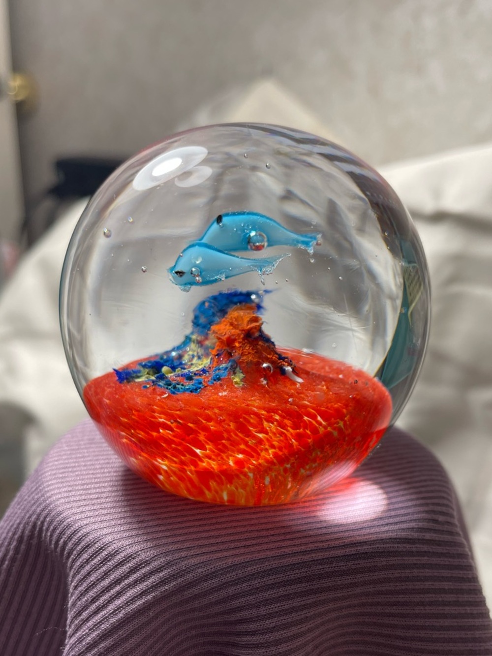 Handmade Glass Paperweight with Blue Dolphins and Vibrant Red Reef